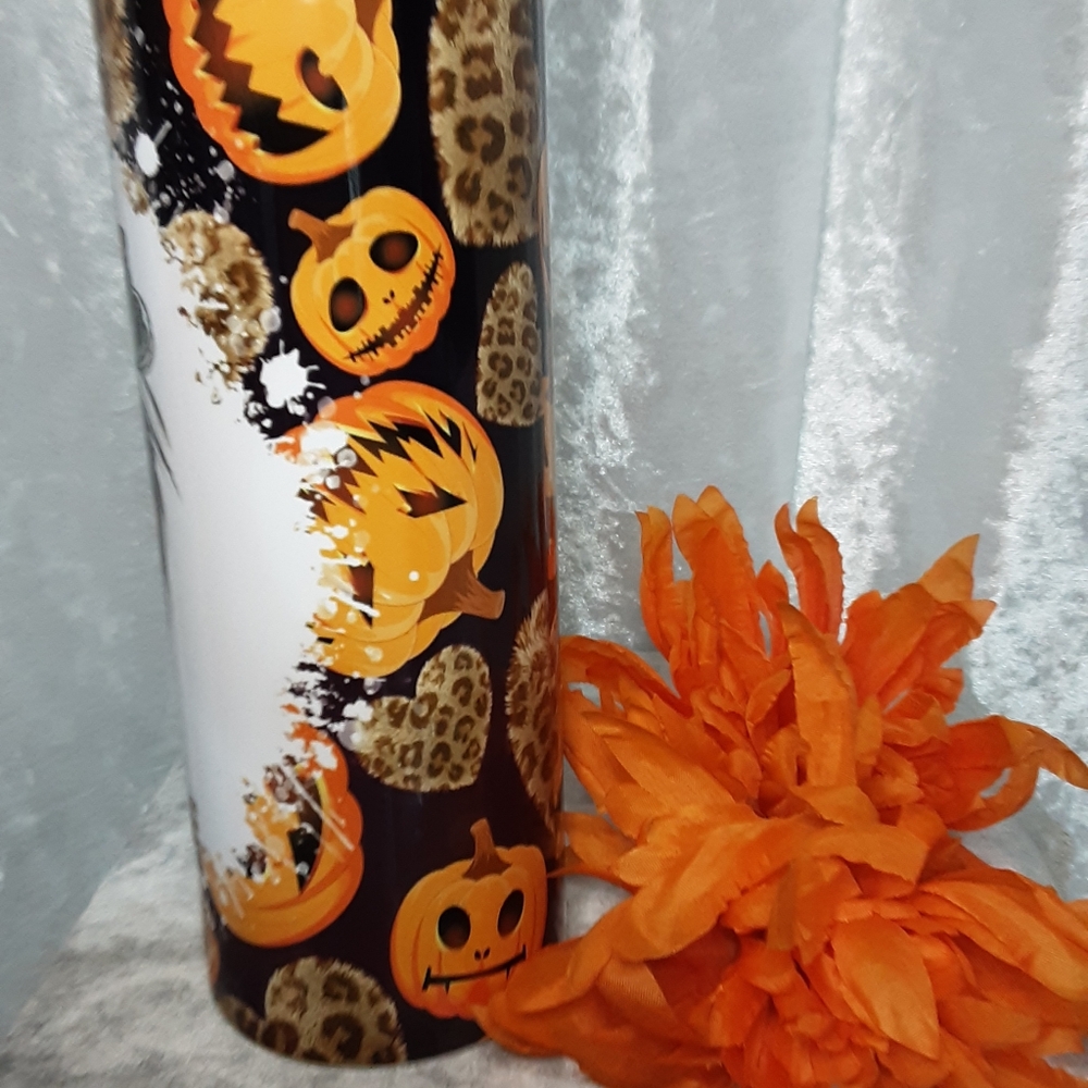 Handmade Halloween Fall Mom Life 20 oz Tumbler Orange White Thermos - Picture 5 of 6
